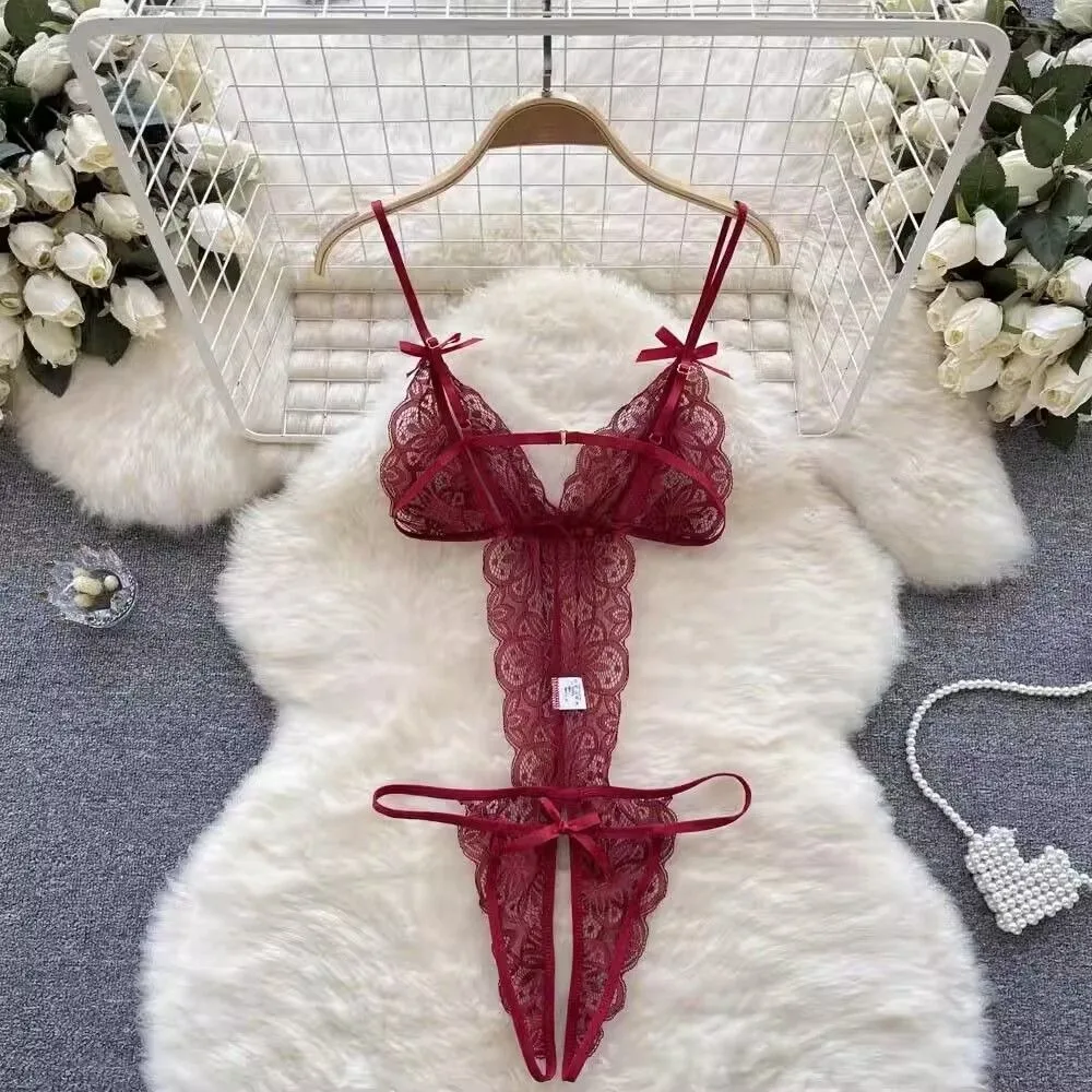 Sweet Deep V Neck Lace Bow Bodysuit Mesh Hollow Transparent Women Lingerie Jumpsuits Sleeveless Lace Sling Nightwear Gifts