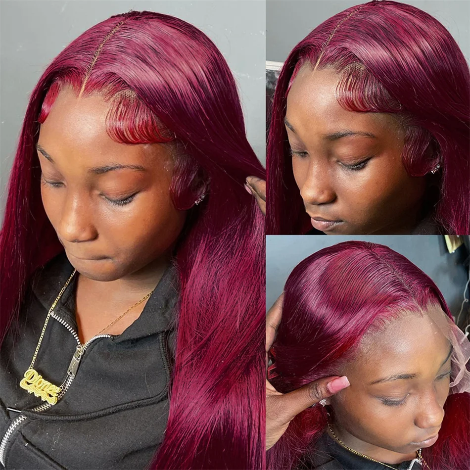Burgundy Transparent Lace Frontal Human Hair Wig Pre Plucked Red 99J Straight Colored 13x4 Lace Front Human Hair Wigs For Women 4