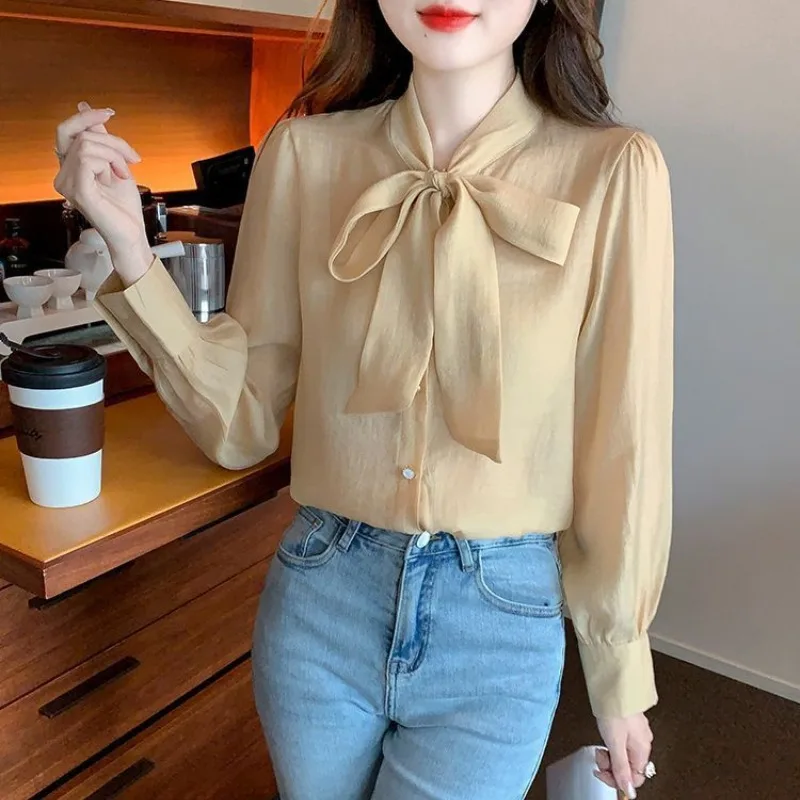 Autumn Women's 2024 New Patchwork V-neck Bow Button Fashion Solid Loose Comfortable All-match Lantern Sleeve Blouses Shirts