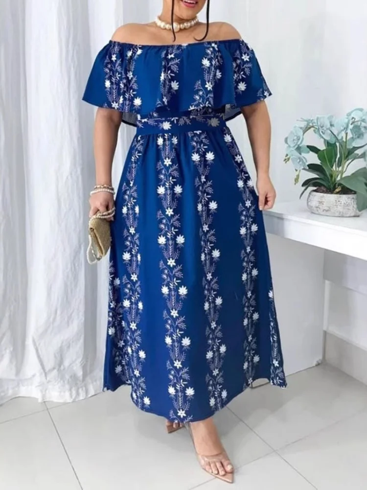 Wmstar 2025 New Women Fashionable Elegant Plus Size Dress One Piece Waist Nipped Floral Print Dress Solid Color Short Sleeve