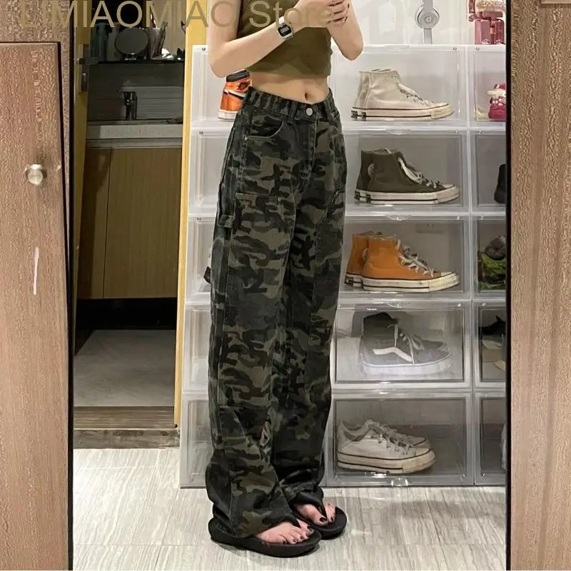 New Loose Camouflage Cargo Jeans Women High Waist Wide Leg Pants Denim Pockets Straight Ankle Length Pantalones