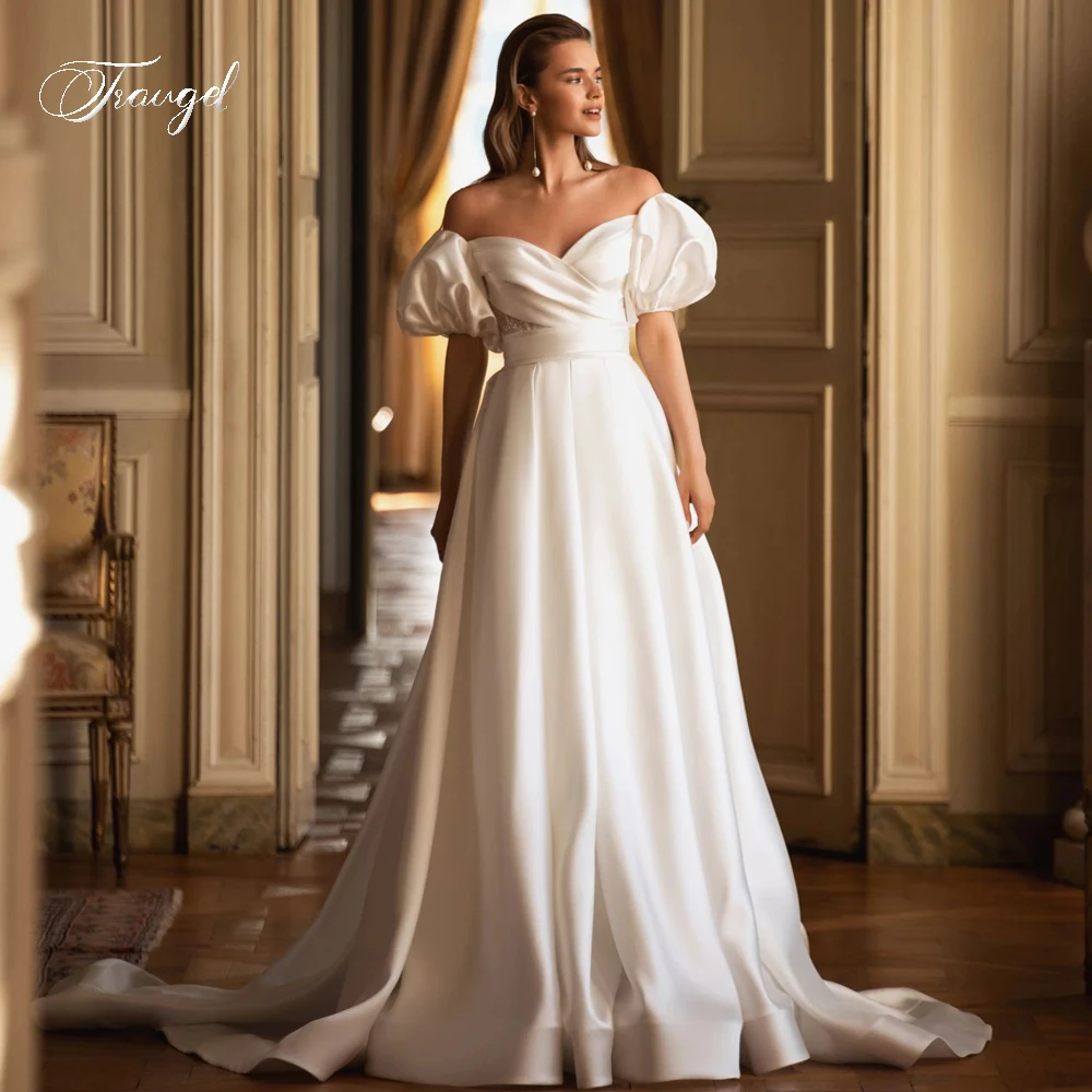 

Traugel Elegant Illusion Sweetheart Short Sleeve Wedding Dresses Simple Off The Shoulder Court Train A Line Pleat Bridal Gown