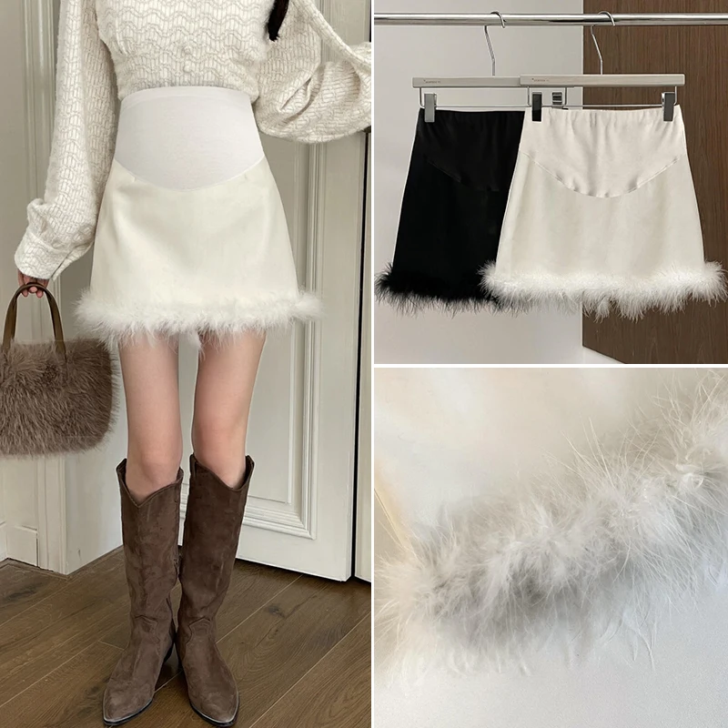 Autumn Winter Pregnancy Clothes Solid Color Elegant Maternity Belly PU Leather Skirt Faux Fur Hem Patchwork Pregnant Woman Skirt