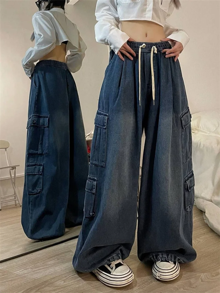 QWEEK Vintage Retro Blue Cargo Jeans Women Hip Hop Streetwear Pockets Black Denim Pants Oversized Harajuku 90s Baggy Trousers