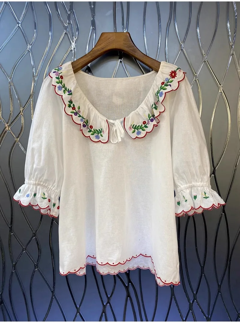 

100%Cotton Tops 2023 Summer Fashion White Blouse Ladies Peter Pan Collar Colorful Floral Embroidery Casual Vintage Blouse