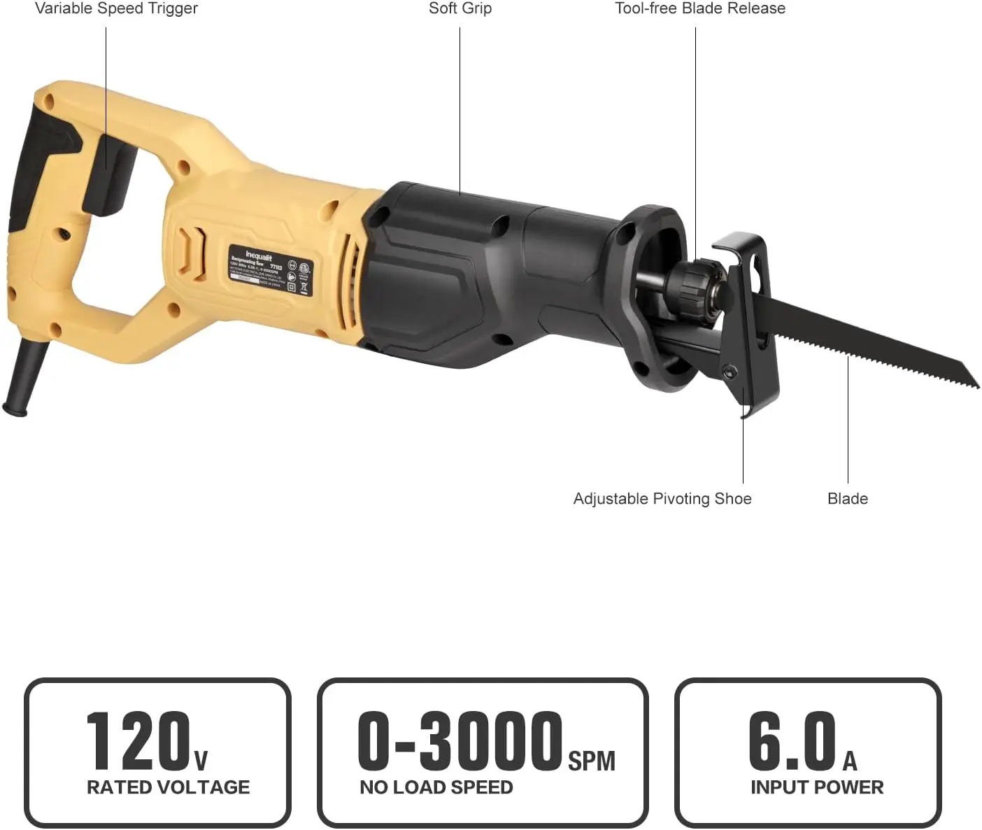 6Amp Corded Reciprocating Saw, 3000SPM Variable Speed with 4/5" Stroke for Wood, Metal, PVC Cutting