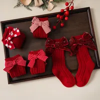 Baby Girls Red Big Bow Christmas Socks Kids Children Cotton Solid Woolen Sock Leg Warmers Girl Toddler Soft Socken For 0-5Years 4