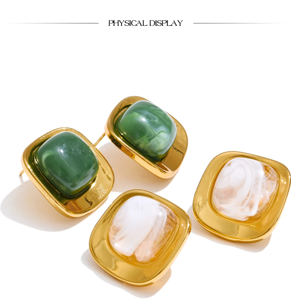 Yhpup White Green Resin Square Stud Earrings 18K Golden PVD Plated Stainless Steel Daily Wear Trending Jewelry Wholesale_voghion.com