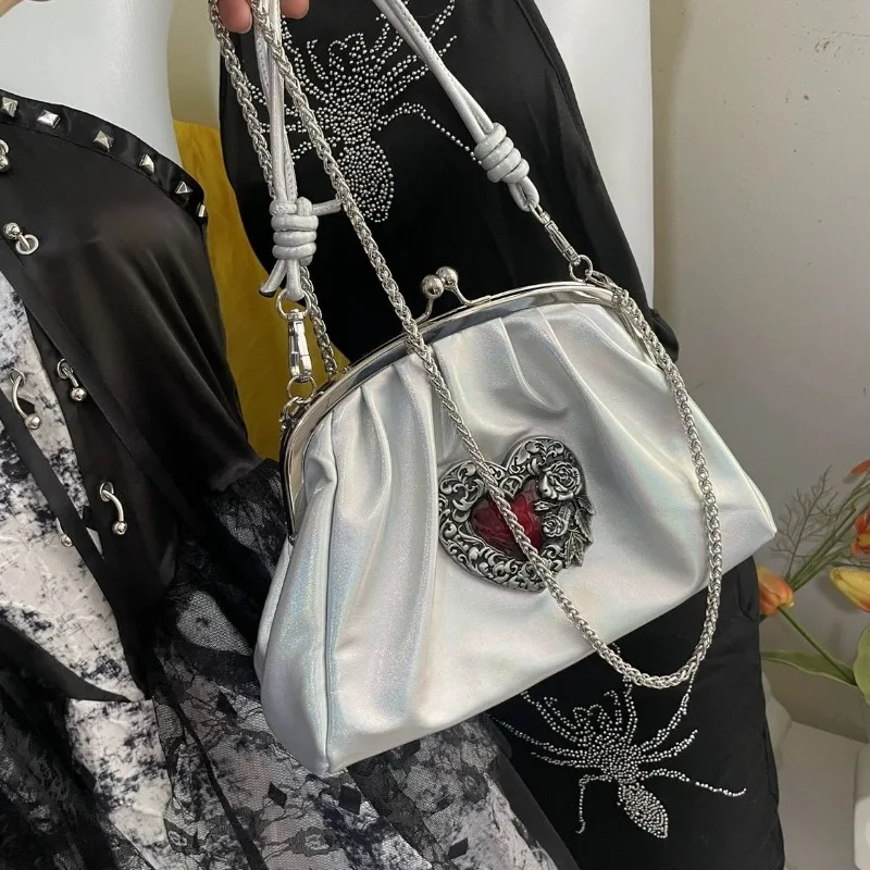 MBTI Vintage Y2k Womens Handbag Silver Gothic Fashion Chains Casual Shoulder Bag Pu Leather Pleated Original Female Shell Bag