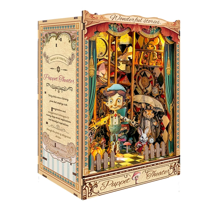 DIY Wooden Puppet Theater Book Nook Shelf Insert Miniature Model Kits Bookshelf with Light Bookend for Friends Birthday Gifts 2