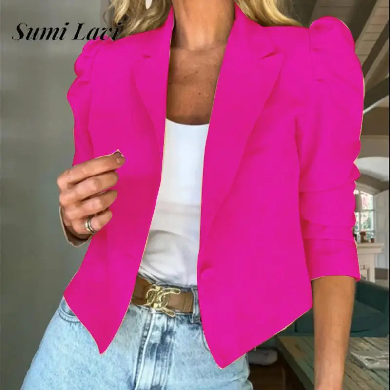 

Модный женский кардиган с пуговицами и рукавами-пузырьками, элегантный женский офисный Блейзер, Осенние однотонные короткие пальто с лацканами