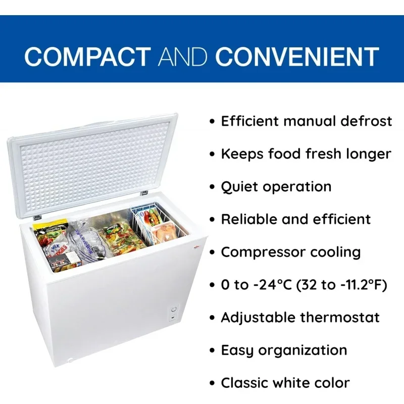 QWKoolatron Large Chest Freezer,7.0 cu ft (195L),White,Manual Defrost Deep Freeze,Storage Basket,Space-Saving Flat Back,Stay