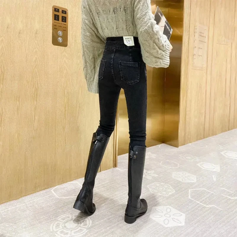 High Waist Plus Velvet Winter Jeans Womens Streetwear Korean Chic Design Denim Pants Thicken Hip-lift Skinny Pant Slim Vaqueros