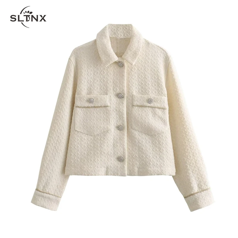 

SLTNX Fashion Jackets for Women 2023 Chic Single-breasted with Pockets Coats Ladies Turndown Collar Long Sleeve Outerwear