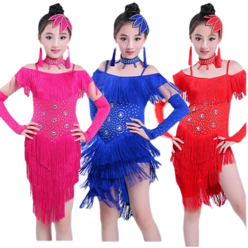 

Tassels Sequined Girls Ballroom Latin Dance Clothes Kids Salsa Performance Costumes Girls Figure Skating Dress Rave Clothing