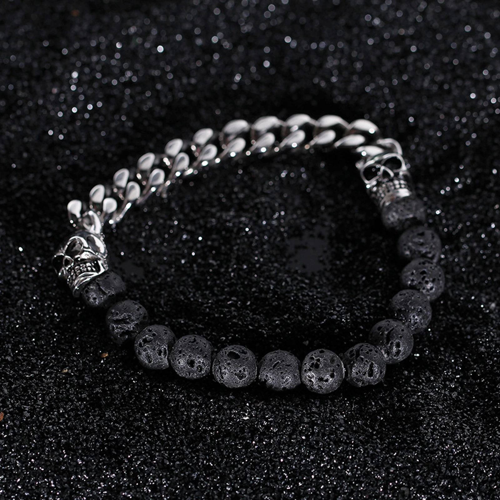 Couple High Quality Stainless Steel Bracelet Punk Skull Cuban Black Beaded Jewelry