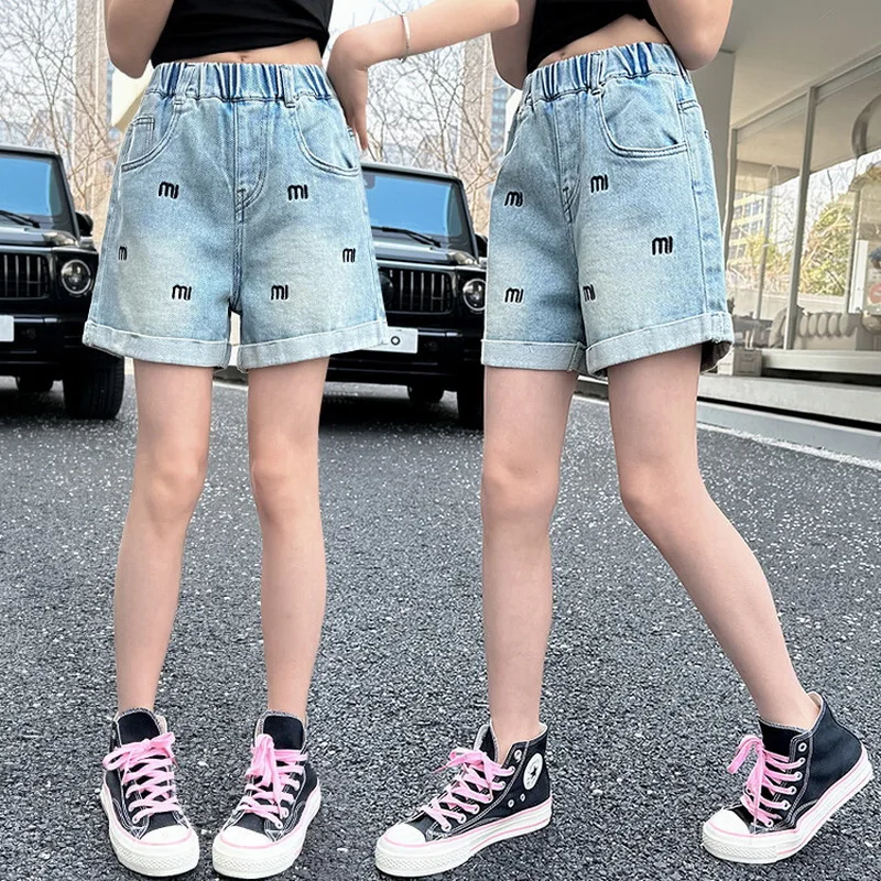 Summer Teen Girls Fashion Letter Embroidery Shorts Korean Style Cotton Kids Clothes School Casual Solid Denim Shorts 5-14 Years