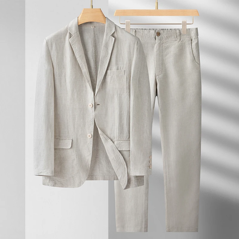 Spring Summer Linen Blazer Man 2 Piece Blazers Set For Men Suit Male Loose Business Masculino Fashion Casual Thin Style New