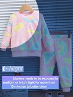 2pcs baby girl autumn and winter night light rainbow love cloud pattern plush thick long sleeved top and pants Chid Accessories 3