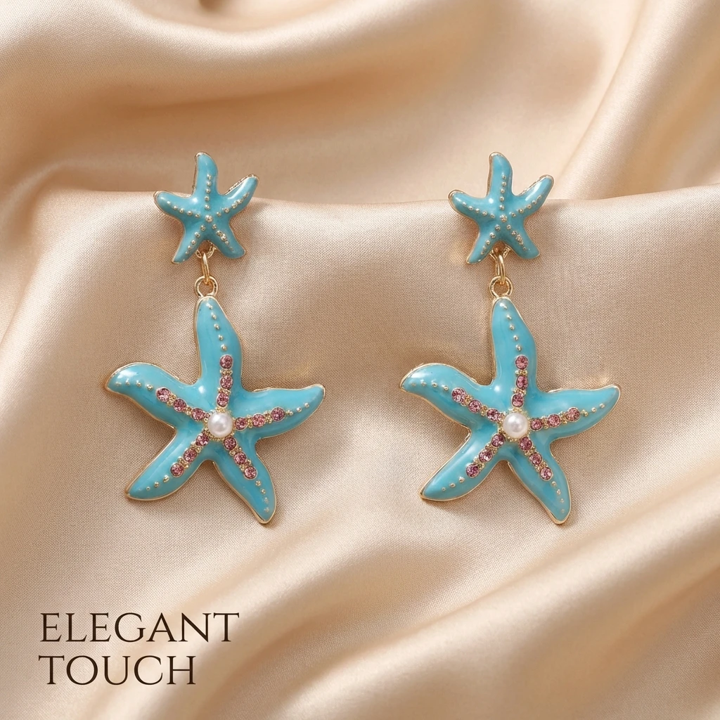 Ozean-Serie Emaille-Seestern-Ohrringe für Damen, Übertriebene Bunte Strass-Seestern-Ohrringe, Sommerurlaub-Charm-Schmuck – Detail 3