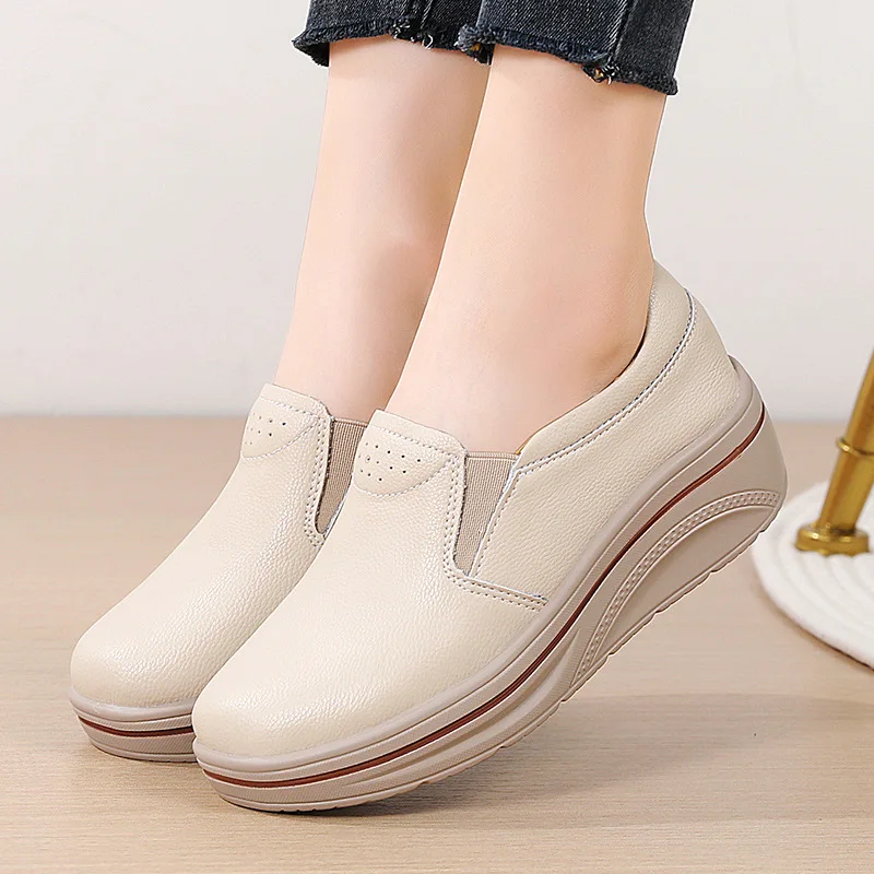 

2023 Cross border New Korean Version Thick Sole Cake Shoes Casual Women's Single Shoes Elastic Belt Slope Heel Mom Shoes