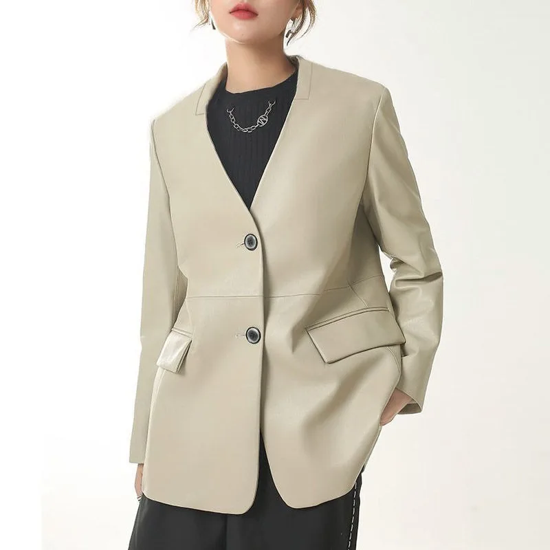 2023 autumn new women overcoat loose casual suit jacket mid length version outwear fashion outcoat thin comfortable top 2023 Autumn New Mid-Length Suit Leather Coat Women Temperament V-neck Loose Leather Jacket Fashion Casual Solid Color Outwear