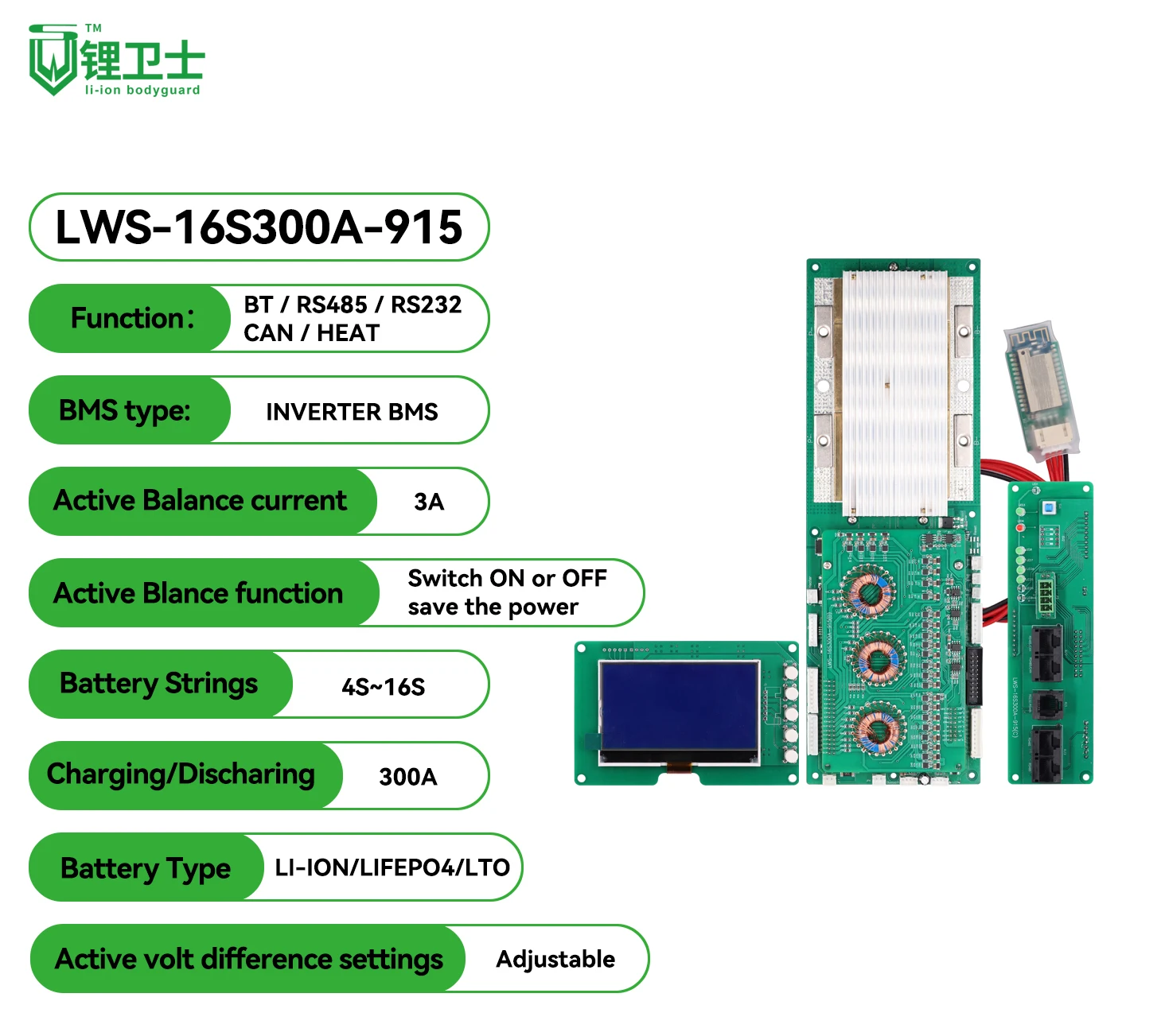 

LWS Smart Active Balancer 15S 16S 100A 200A 300A LiFePO4 Li-ion 51.2V 59.2V BMS with Display Can RS485 Bluetooth