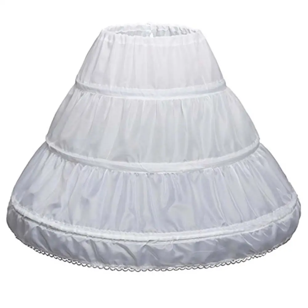 Flower Girl Underskirt White Children Petticoat A-Line 3 Hoops One Layer Kids Crinoline Lace Trim Elastic Waist
