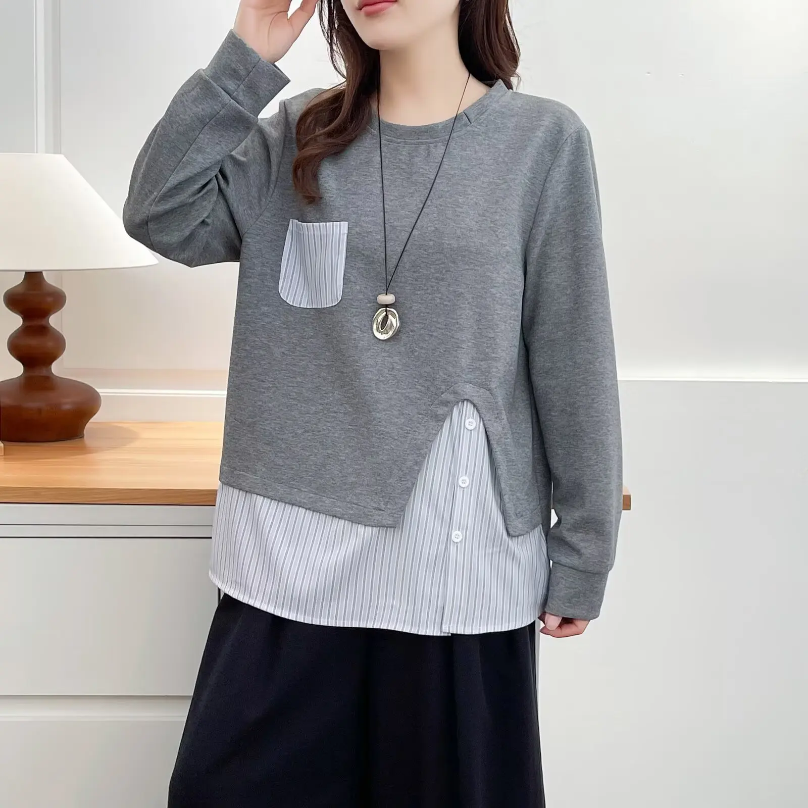 XXXXL Fashion Plus Size Women's Hoodies New Autumn Style Simple round-neck Patchwork Long Sleeved Top Casua Sweatshirt 820