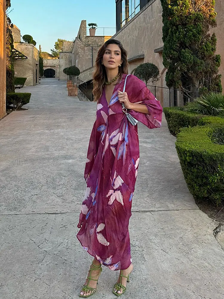 

Elegant Boho Purple Print Maxi Dress Women V Neck Tulle Butterfly Robes Lady Fashion 2024 Summer Vacation Party Vestidos