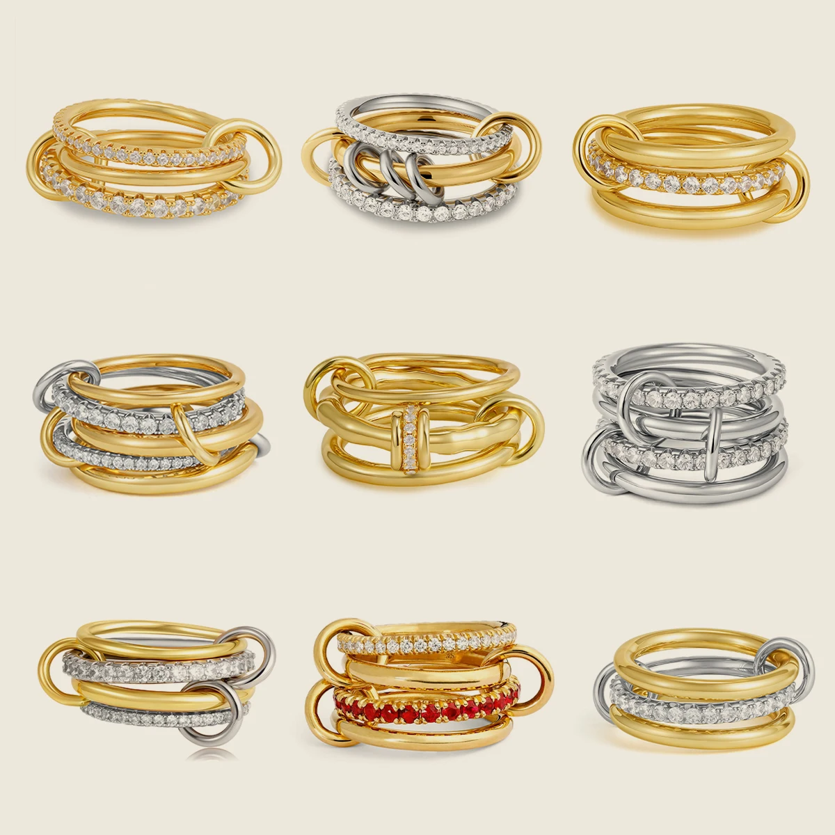 Fashion Luxury Cubic Zirconia Gold Plated Multilayer Connecting Rings Set for Women Mixed Color Stackable Finger Ring Jewelry