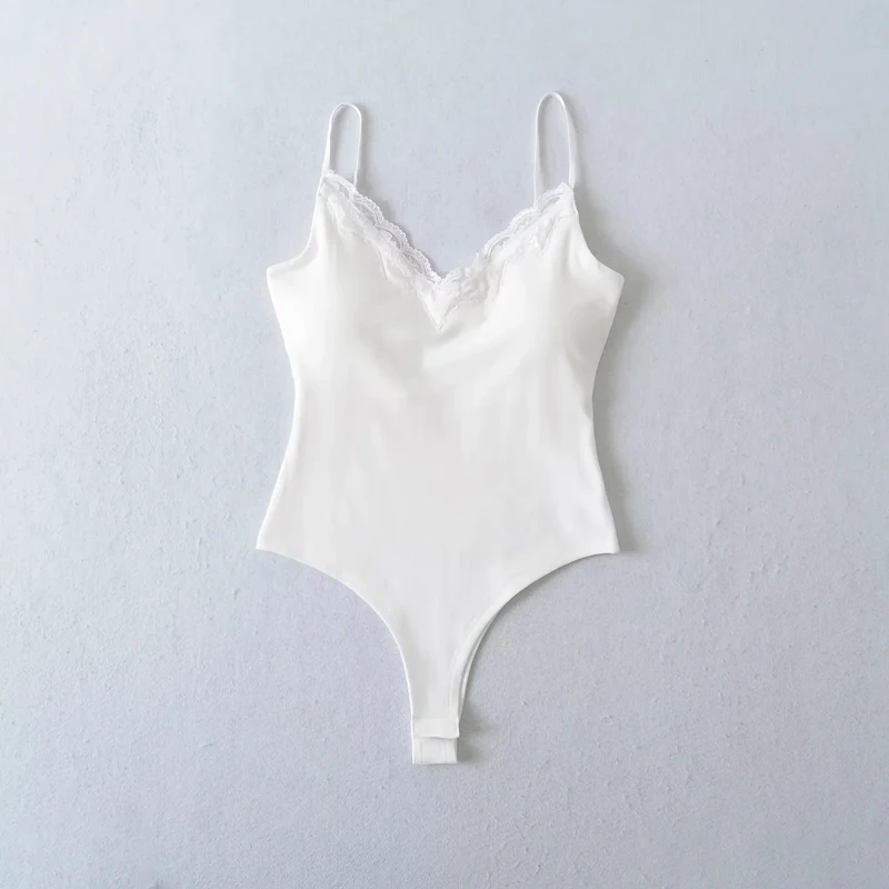 Women's V Neck Slinky Lace Trim Cami Bodysuit