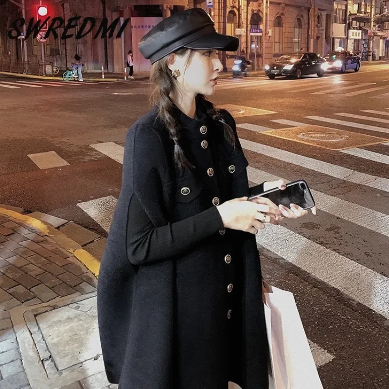 

Solid Elegant Capes Wool Jacket Black Cloak Coat Women New Korean Autumn And Winter Shawl Long Woolen Coat Tide Ponchos