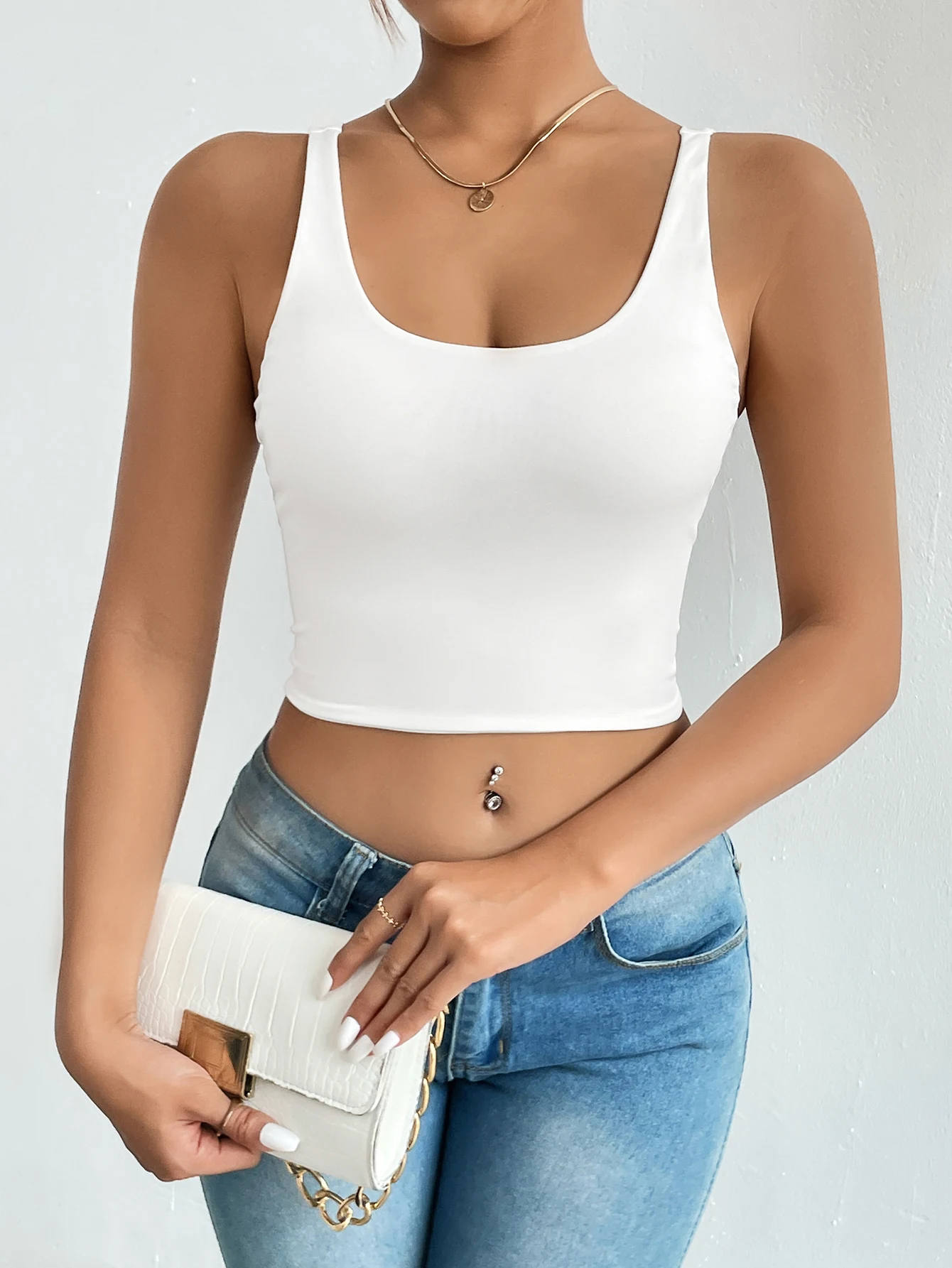 Solid Scoop Neck Backless Crop Cami - Women's Sexy Club Top