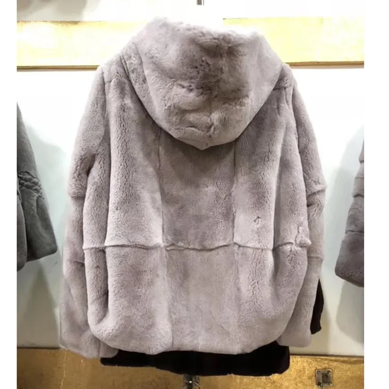 Women\'s Winter Fur Coats Rex Rabbit Fur Coat Women Clothing Casual Warm Loose Hooded Female Real Fur Jacket Casaco Feminino Lq
