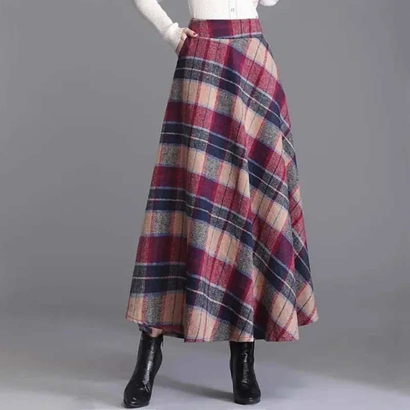 

Vintage Woolen Plaid Maxi Skirts Women Autumn Winter Mom Warm Midi Skirts Elegant New Casual Long Skirt Female 2023