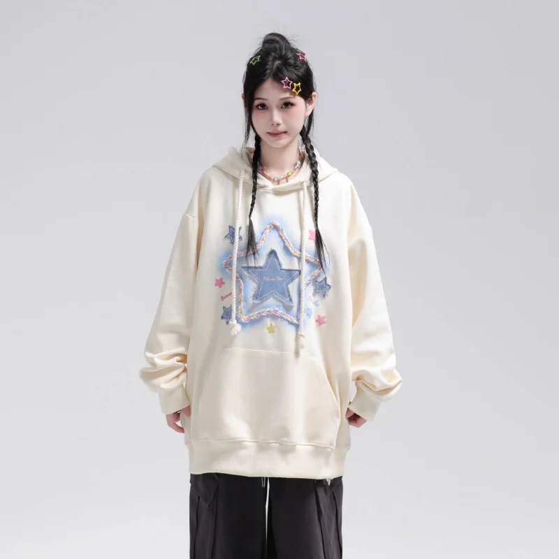 Sudadera con capucha mujer bordado estrella estilo retro americano_voghion.com