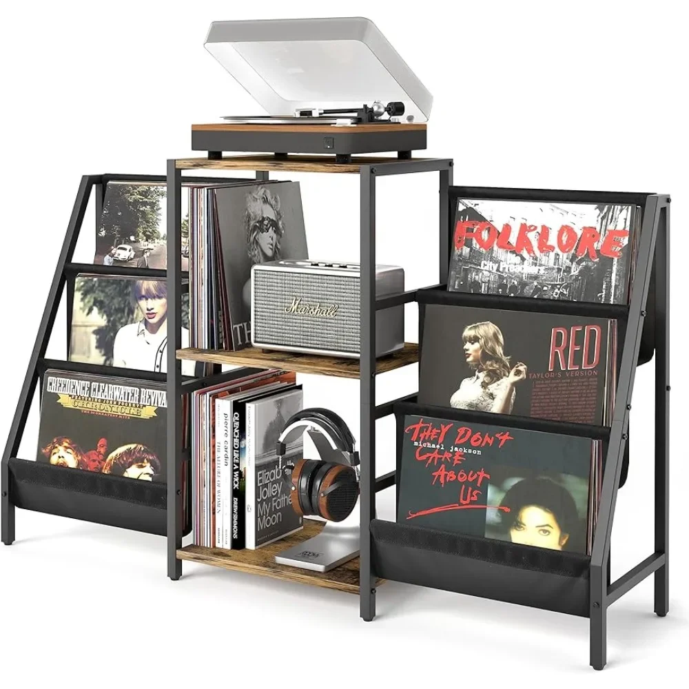Record Player Stand with Vinyl Storage, Record Player Table with Vinyl Record Storage Up To 280 Albums Dvd Storage