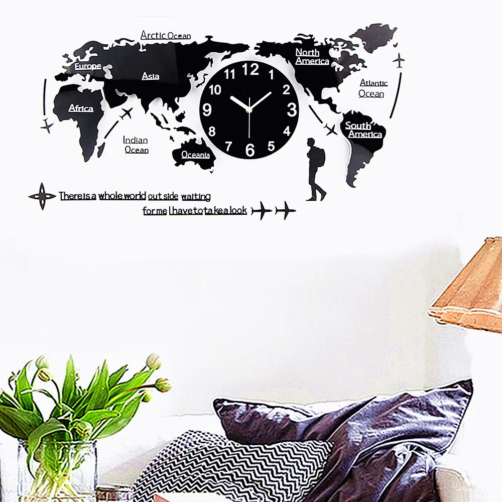 A world map clock hanging on the wall, perfect for travel enthusiasts.