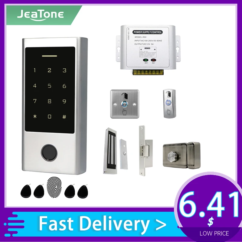 Jeatone-Suporte Controle de Acesso, Impressão Digital, Teclado Touch, 1000 Cartões RFID, Porta Senha, Estação Exterior com Bloqueio e Botão SAIR