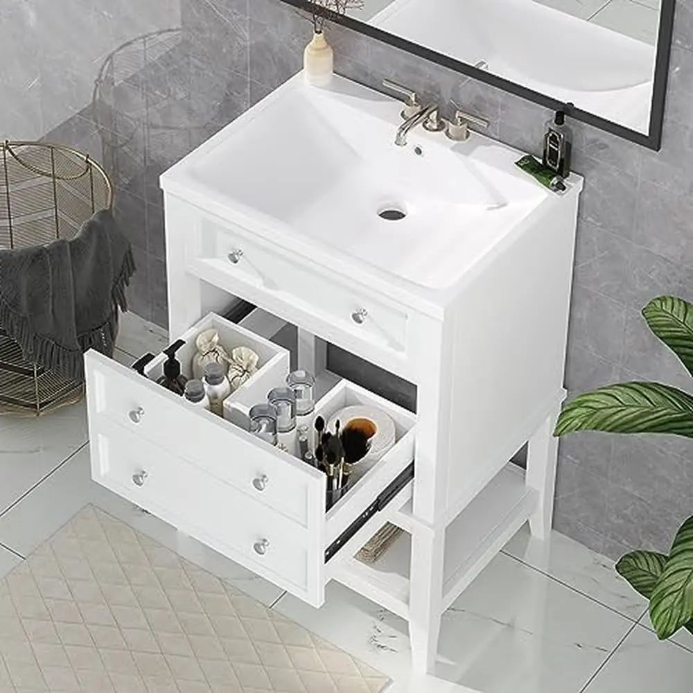 Description Picture 4 of item24" White Bathroom Vanity Set with Ceramic Sink Drawer Open Shelf Freestanding Cabinet Storage