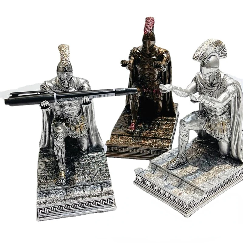 ExecutiveKnightPenHolderWithHelmetBronzeStatuePenHolderArmorRomanKnightKneelingPen