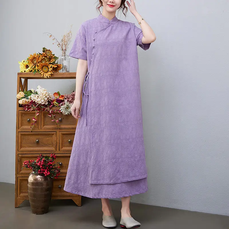 

Spring Summer Retro Chinese Dress 2023 New Literature Art Solid Color Jacquard Temperament Large Size Short Sleeve Dress Z529
