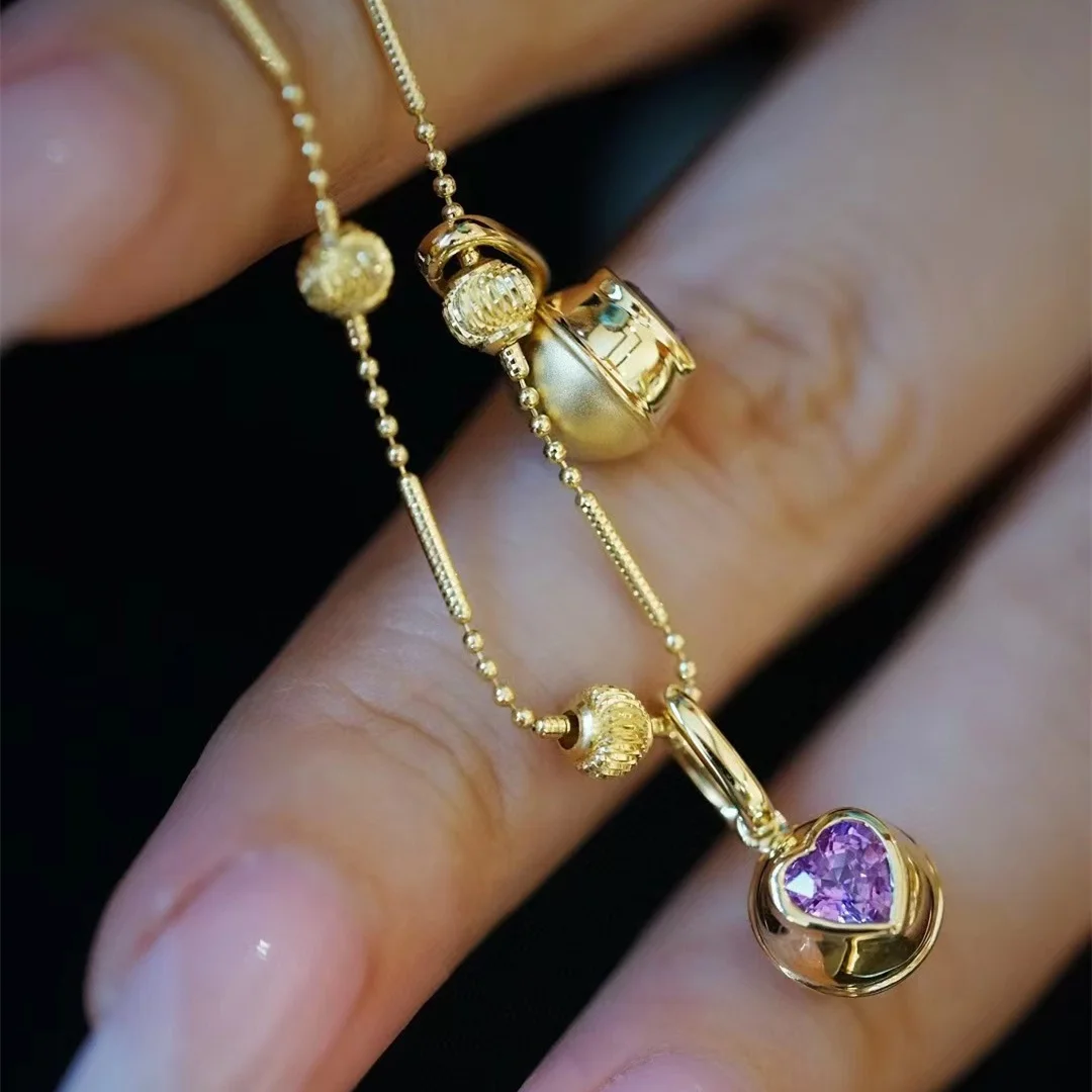 Candy Small Golden Ball Fancy Sapphire Heart Pendant Necklace 18k Pure