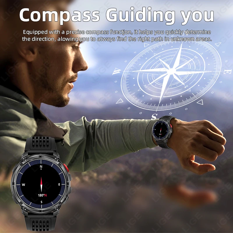 2026 Outdoors Military Smart Watch 1100mAh Men 1.7" AMOLED Built-in Compass Altimeter IP68 Waterproof Clock BT Call Smart Watch 2