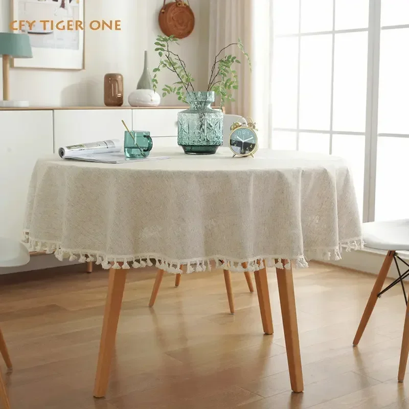 

Solid Colour Round Tablecloth Beige Tassel Decor Tablecloth for Table Tea Round Table Map Cover Round Chicken Table Cloth