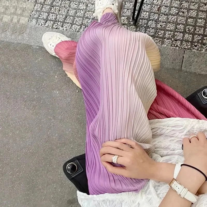 Spring Autumn High Waist Casual Fashion Gradient Tie Dye Pleated Sweatpants Ladies Loose All-match Wide Leg Pants Women Trousers