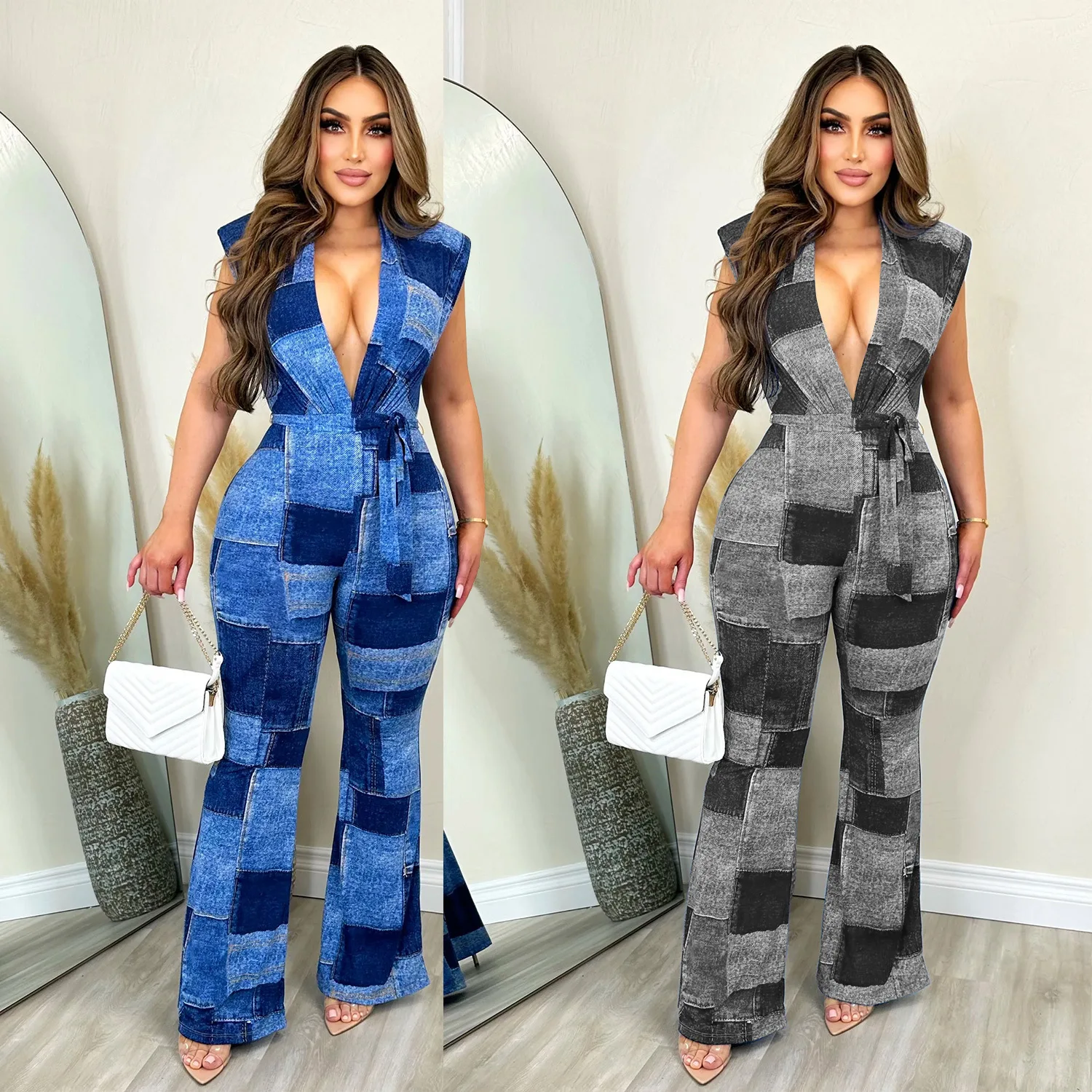 

Women Dress Elegant Long Bathroom Beach Tunic Dresses For 2023 Summer Boho Denim Print Lace Up Sleeveless Pants Jumpsuit