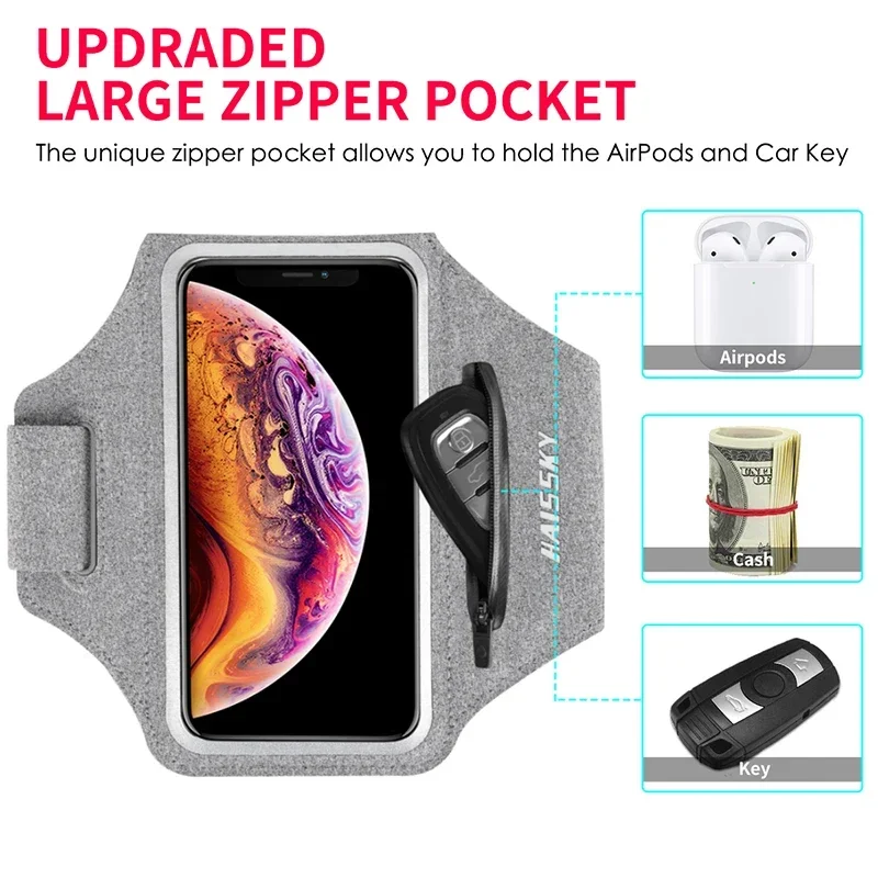 Waterproof running arm bag case with dedicated storage for AirPods.