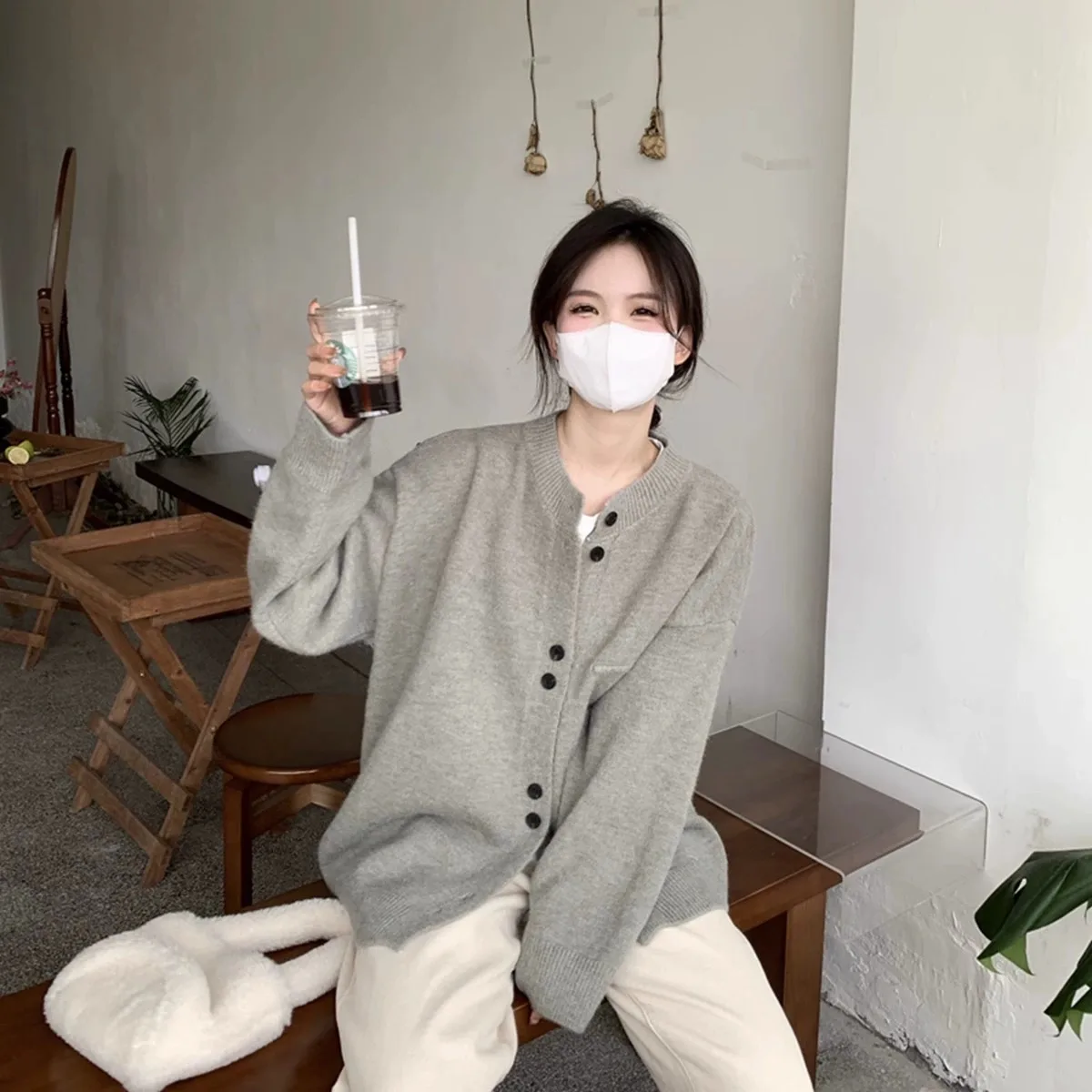 

Korean Lazy Style Knitted Sweater for Women Loose Gray Sweater Jacket New Spring Chic Cardigan Top Versatile for Womenwinter Clo